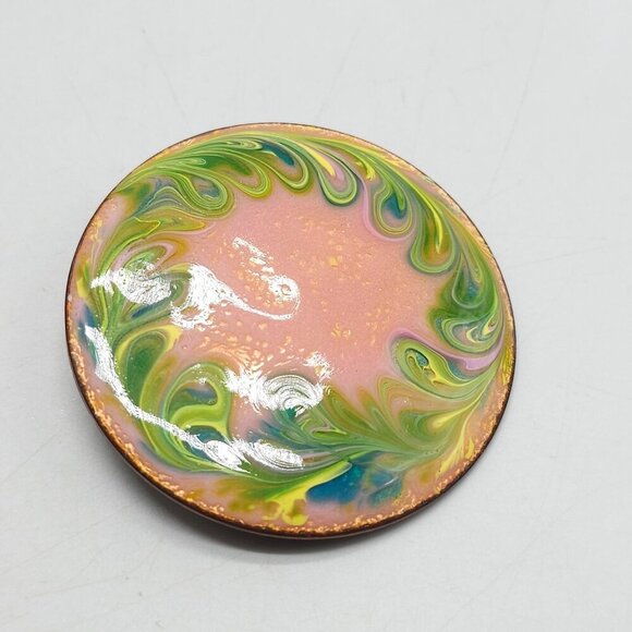 Handmade Pink Green Swirl Pattern Enamel Over Copper Pin Brooch 1.5" Diameter - Picture 2 of 4